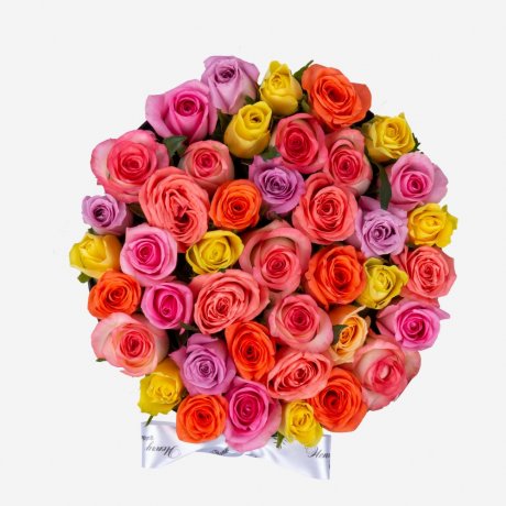 Коробка из 45 разноцветных роз "Микс в черном" Big